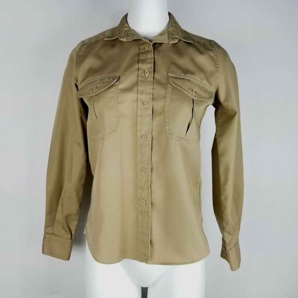 Bill Blass Women's Shirt Size 6 Tan Button Up Embroidered Pocket‎ Long Sleeve